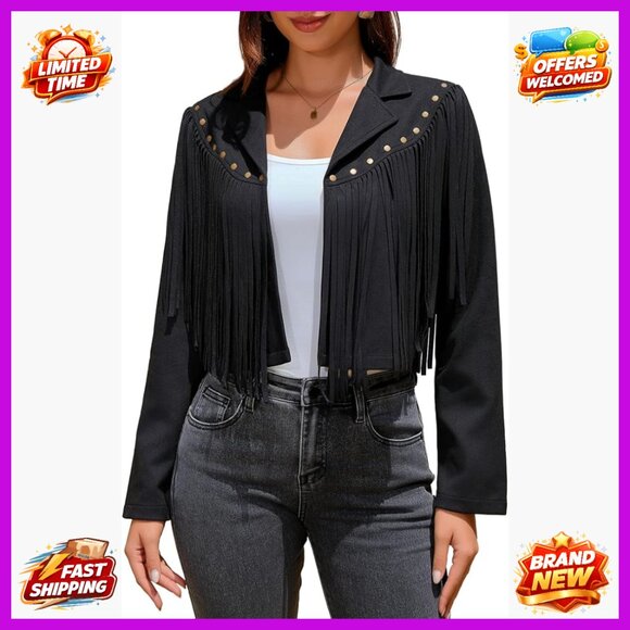 Faux Suede Leather Fringe Jacket Cropped Western Motorcycle Style